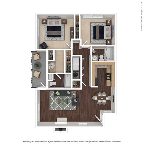 Floor plan for 2 beds, 2 baths, 952 sqft